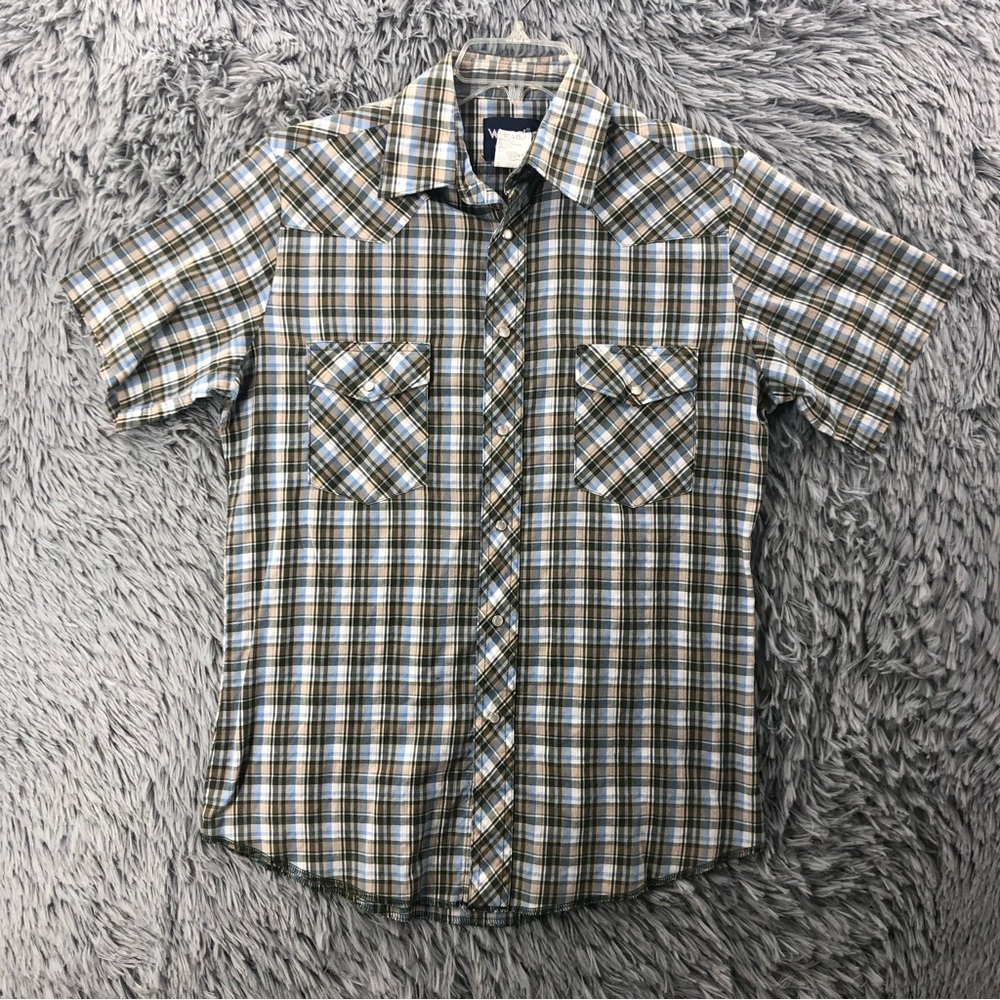 Wrangler Shirt Mens Medium Western Vintage Pearl Snap Plaid Pockets Cowboy